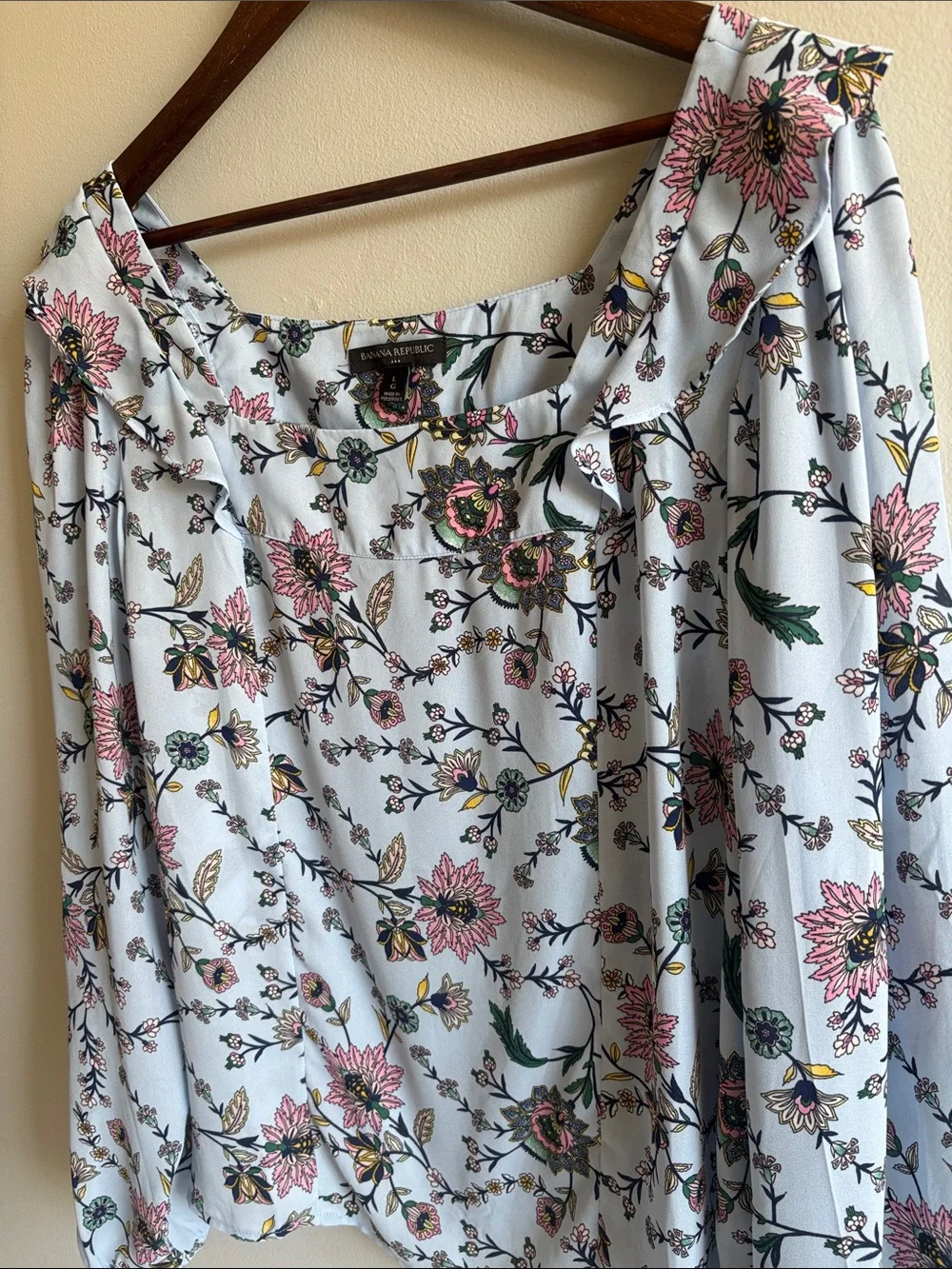 Banana Republic Floral Puff Sleeve Square Neck Blouse Blue Pink‎ Large